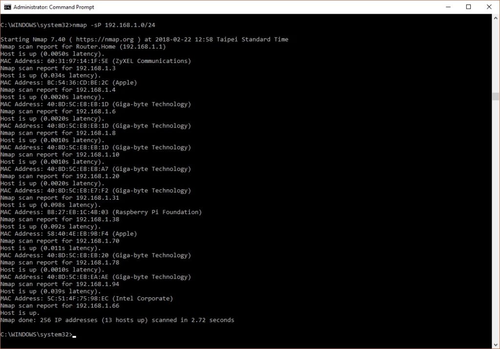 Raspberry Pi Zero W address as per nmap results