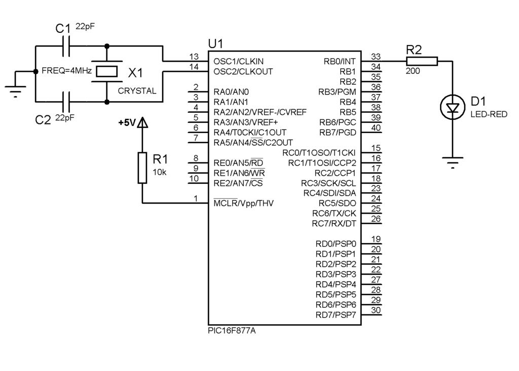 PIC16F877A Blink a LED circuit