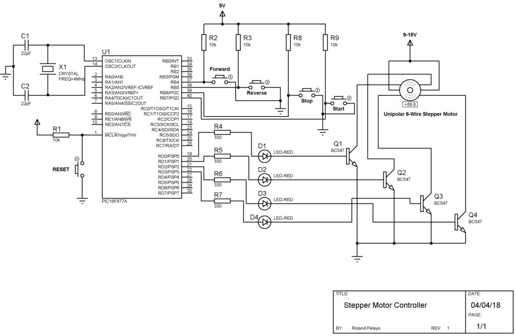 PIC16F877A Stepper Motor Controller Schematic