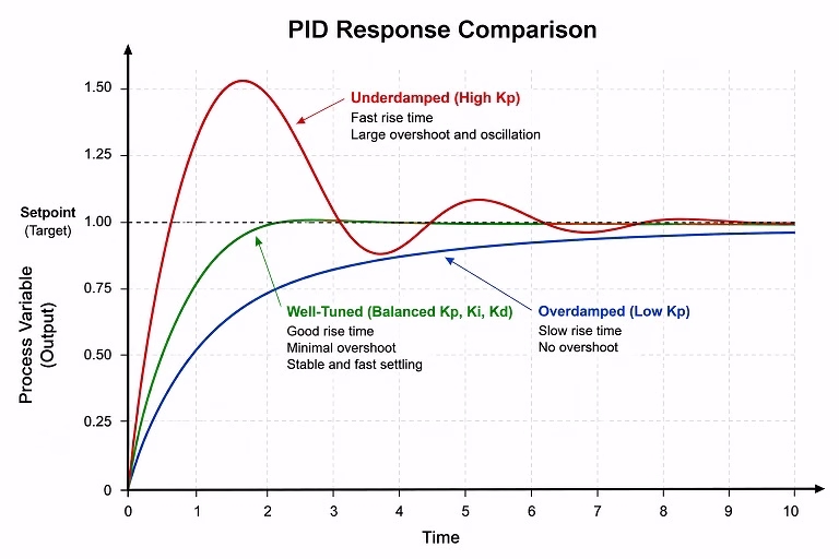 Graph comparing underdamped, overdamped and well-tuned PID responses to the same setpoint