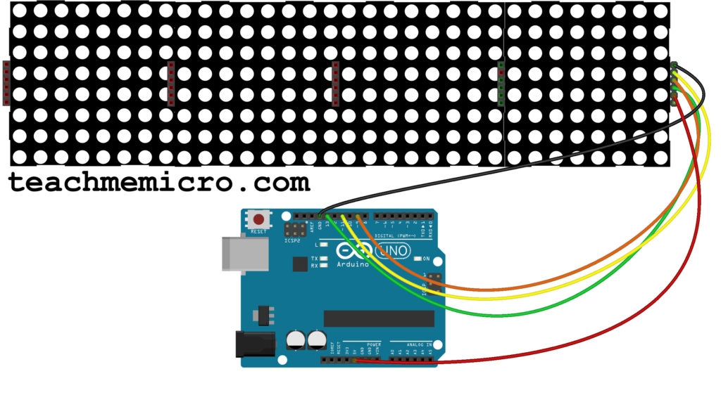 Fritzing diagram of cascaded dot matrix connected to Arduino UNO
